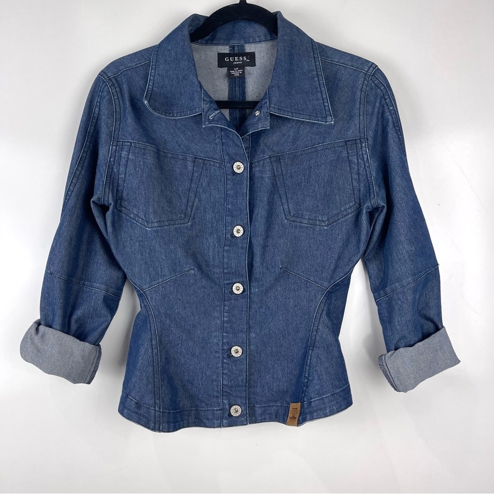 Vintage Y2K Guess Denim Jacket Fitted Blue Jean Women’s Size Small Button Front